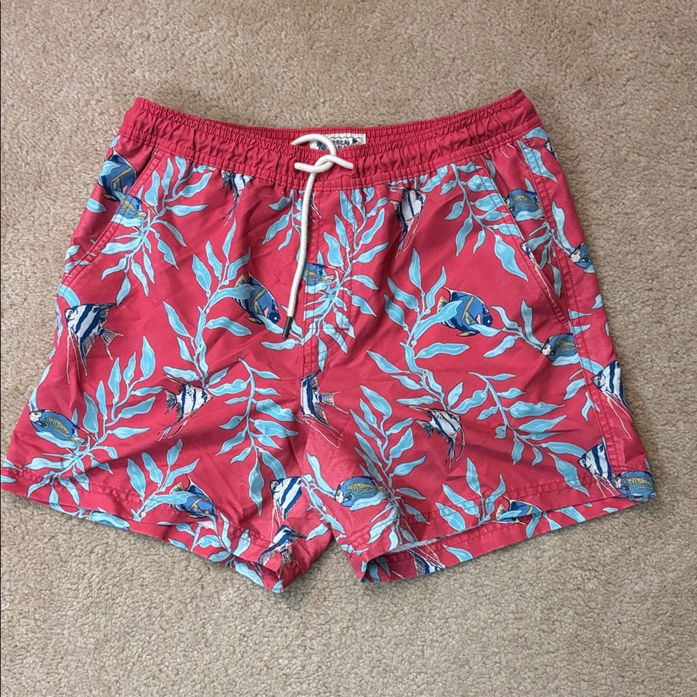 American Eagle Outfitters Red and Blue Leaf Print Swim Trunks